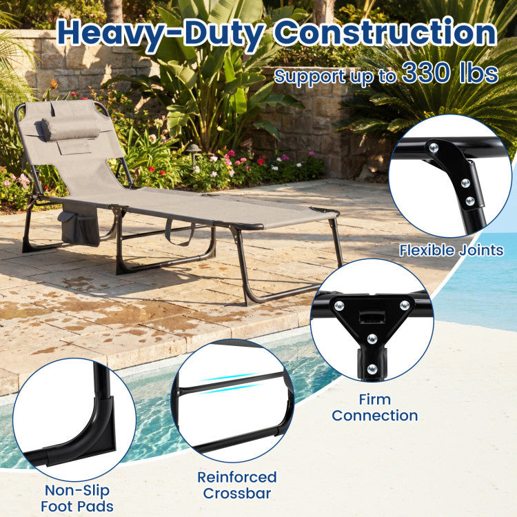 Folding lounge chair with adjustable backrest and side table, perfect for outdoor patio and poolside relaxation.