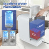 Countertop reverse osmosis water filtration system showing 1.3 gallons of purified water and waste water for easy use.