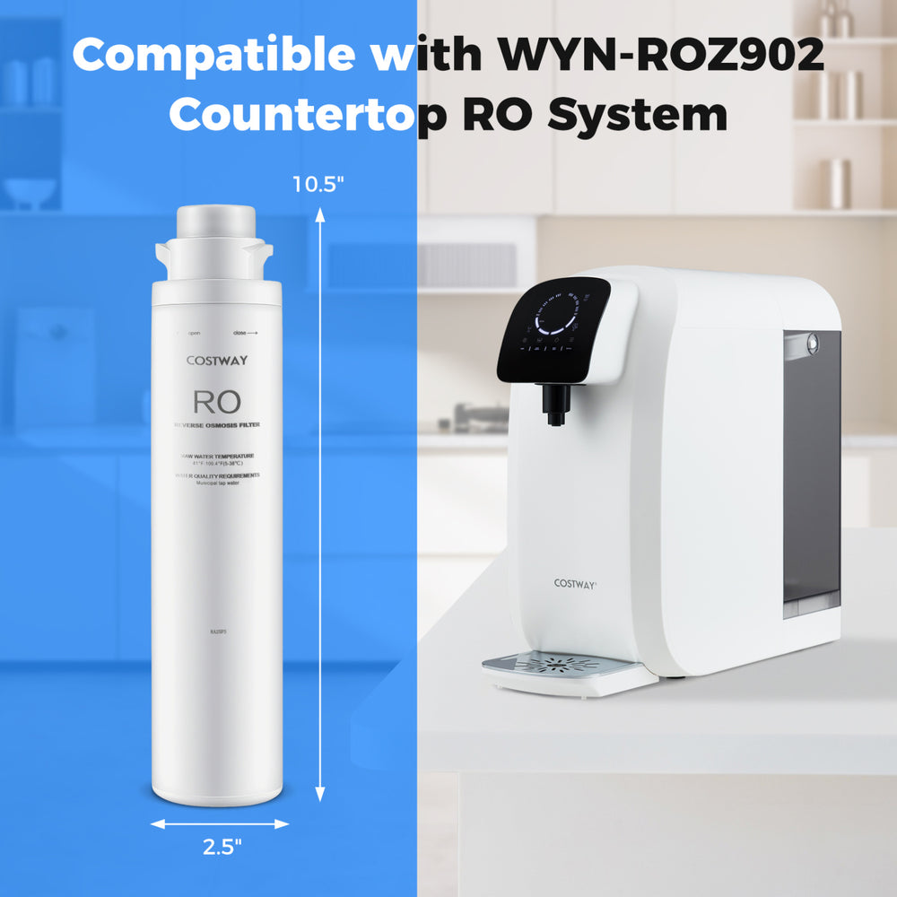 Countertop reverse osmosis water filtration system with replacement filter bundle for clean drinking and cooking water.