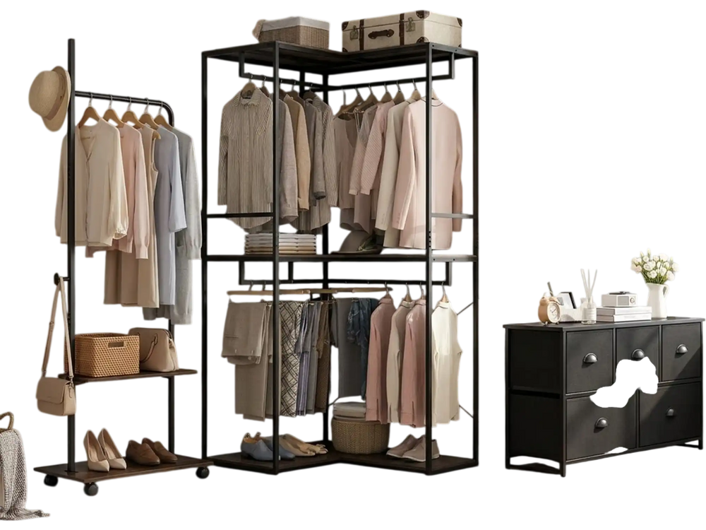 Freestanding 3-tier clothes rack and dresser storage tower in modern rustic style for versatile home organization.