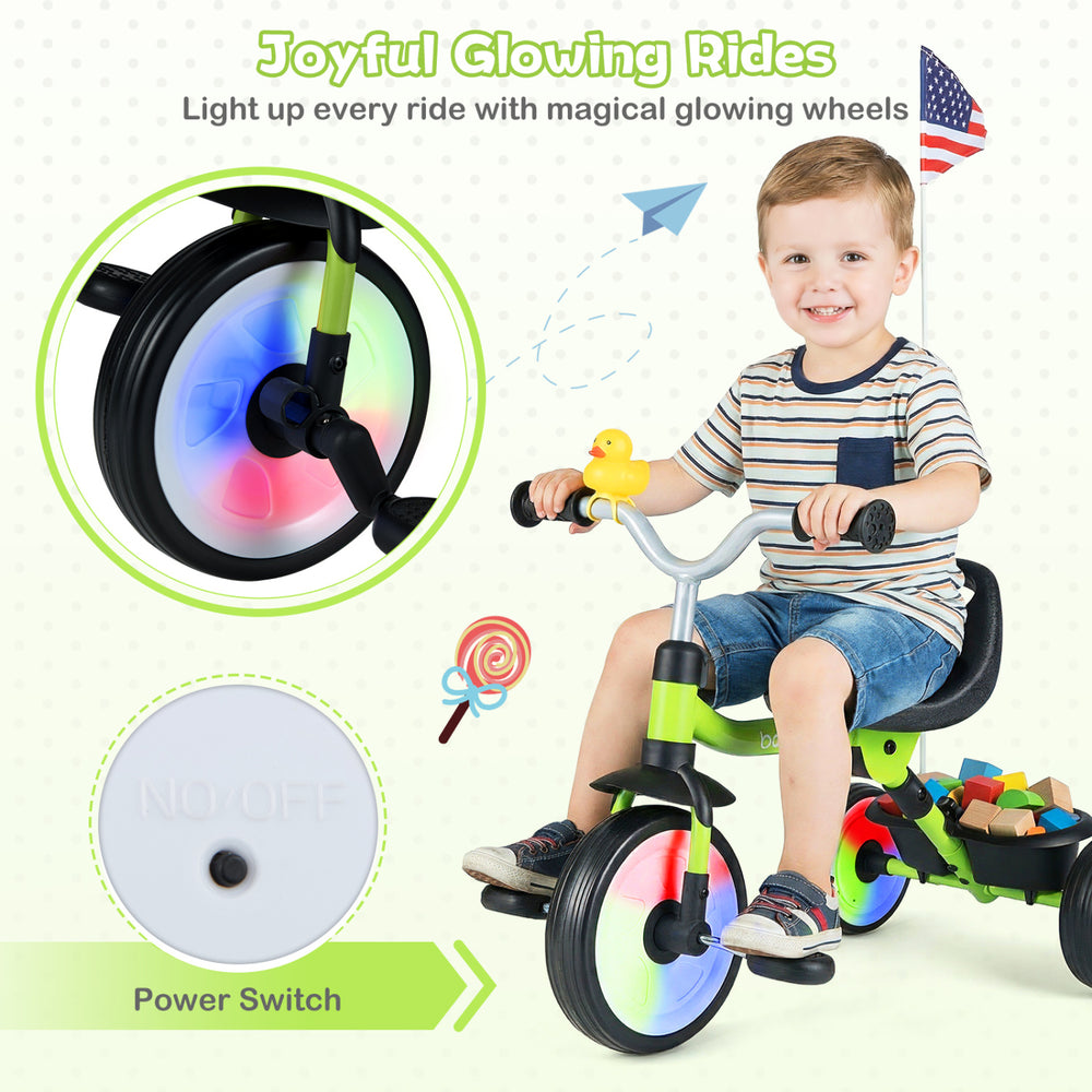 Toddler tricycle with glowing wheels, adjustable seat, basket, and removable pedals for versatile riding fun.