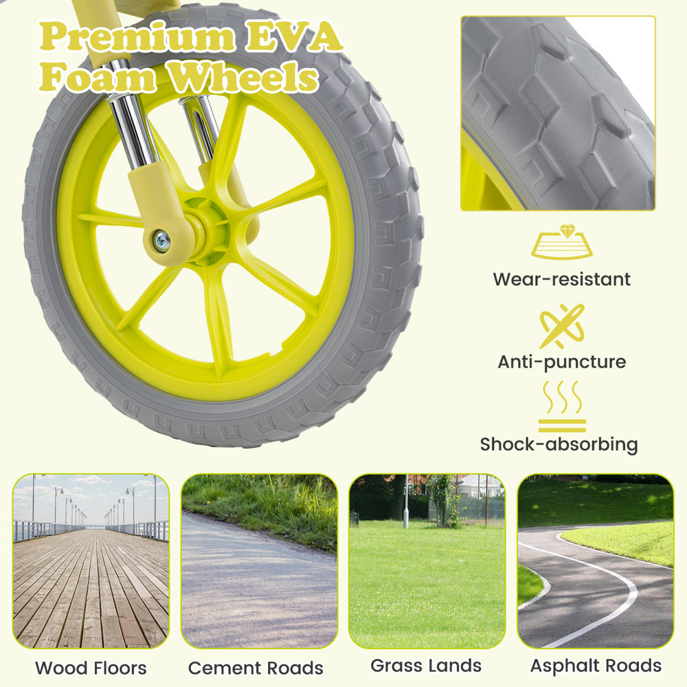 Close-up of a yellow EVA foam wheel showcasing its wear-resistant, anti-puncture, and shock-absorbing features.