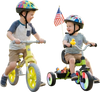 Two toddlers ride a balance bike and tricycle from the 2-piece toddler bike set, featuring glowing wheels and a basket.