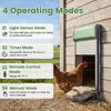 Automatic chicken coop door with remote control and light sensor, featuring four operating modes for versatile management.