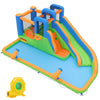 Inflatable water slide park with dual slides, splash pool, and climbing walls for fun yard parties and family gatherings.