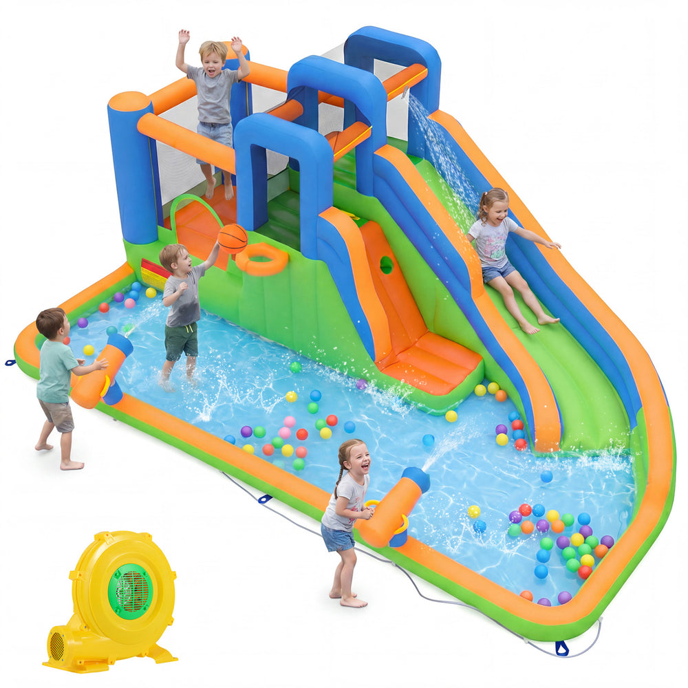 Inflatable water slide park featuring two climbing walls, splash pool, and basketball hoop for yard party fun.