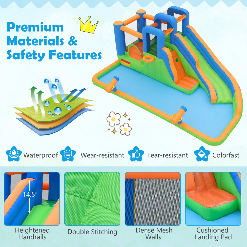 Inflatable water slide park featuring dual climbing walls, splash pool, and cushioned landing pad for yard parties.