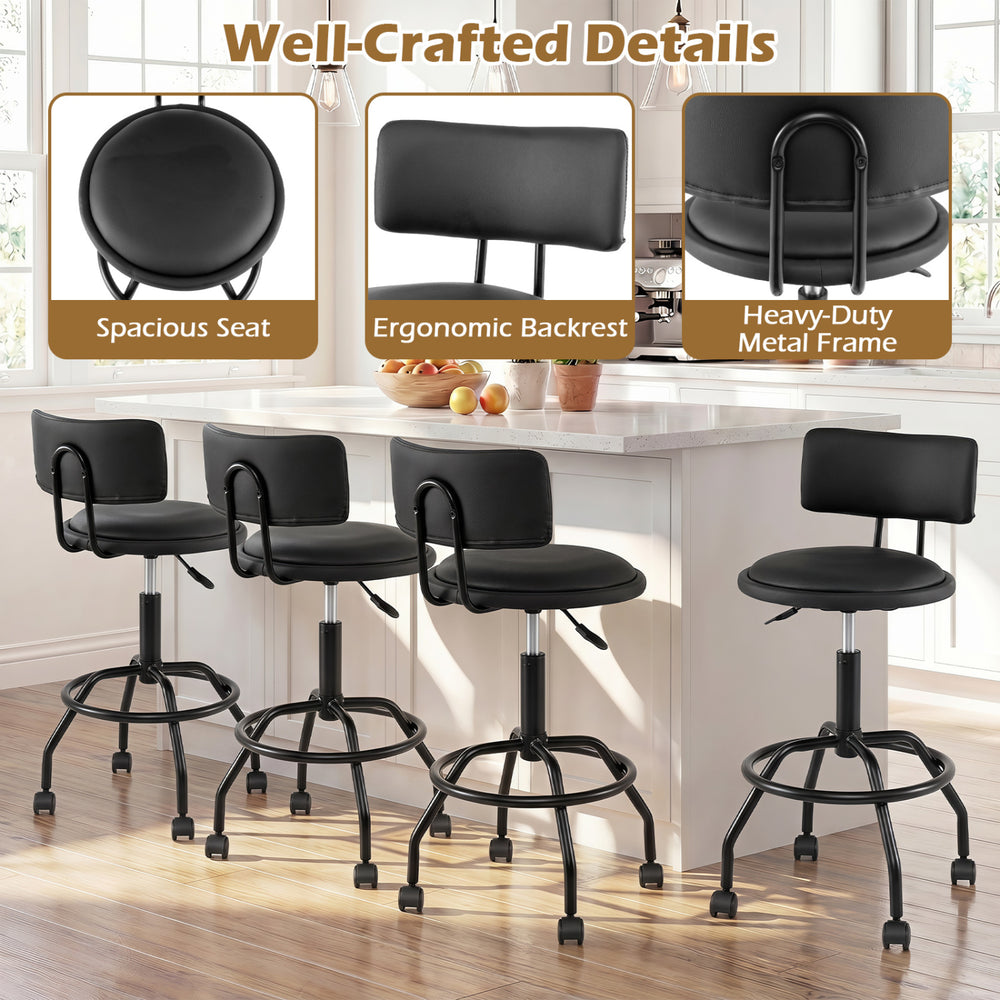 Set of 4 modern swivel bar stools with adjustable height, ergonomic backrest, and heavy-duty metal frame for kitchen islands.