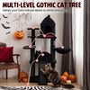 Multi-level Gothic cat tree features a large coffin bed, sisal scratching ramp, and stylish perch for indoor cats.