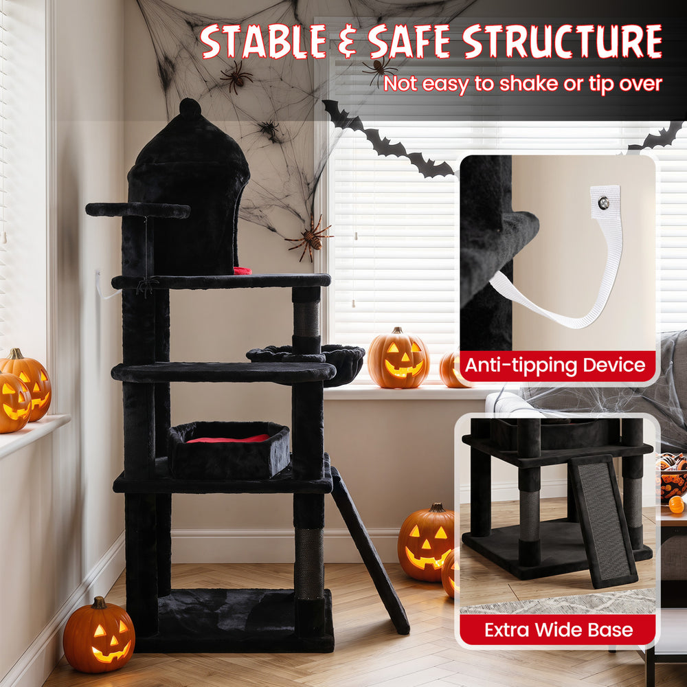 Gothic multi-level cat tree features a stable structure, large coffin bed, and sisal scratching ramp for indoor cats.