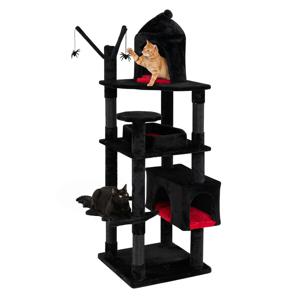 Multi-level 70-inch Gothic cat tree features a cozy coffin bed, scratching posts, and playful bat and spider designs.