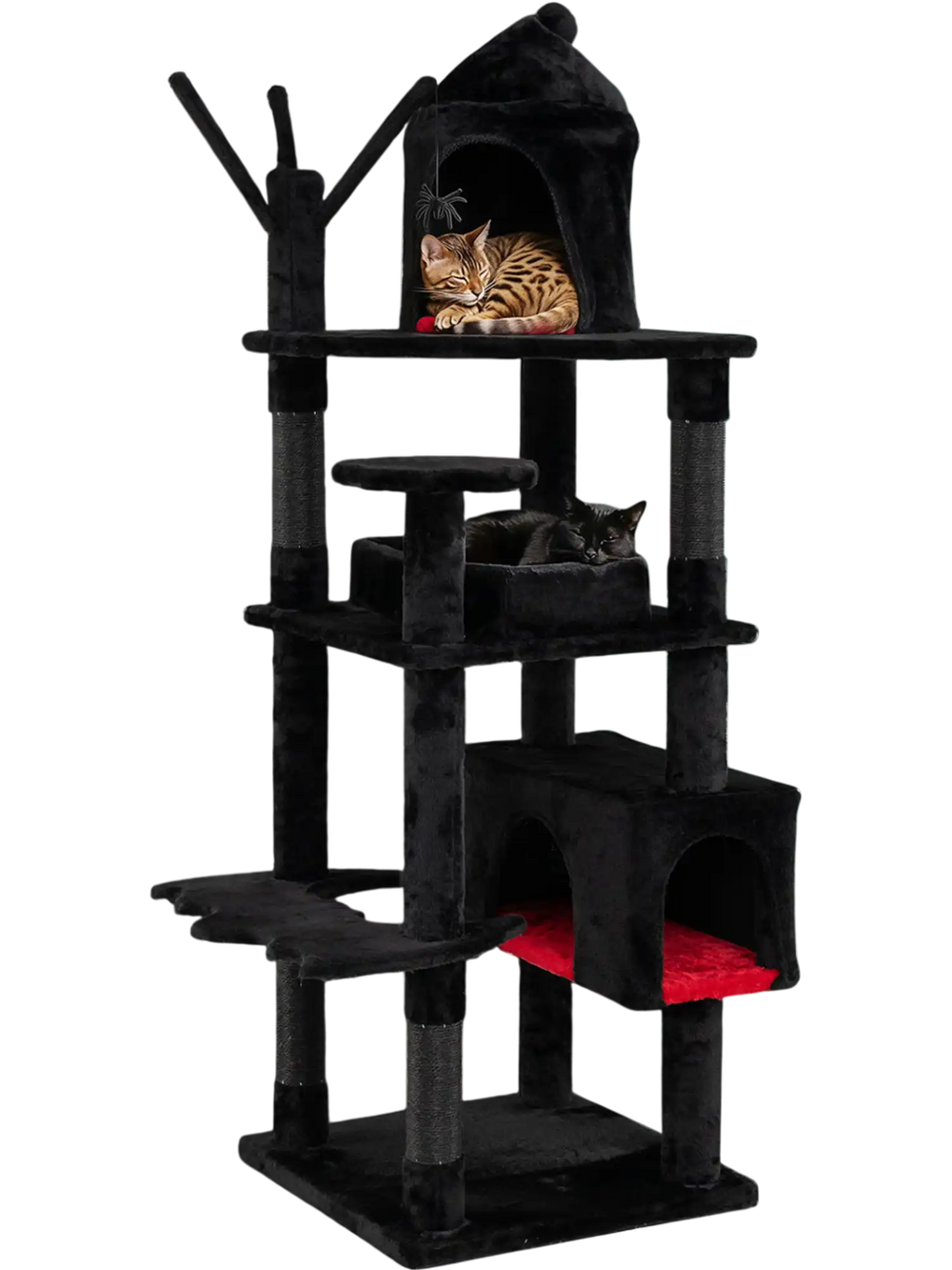 Gothic 70-inch cat tree features a castle design, multiple scratching posts, and a cozy coffin bed for indoor cats.