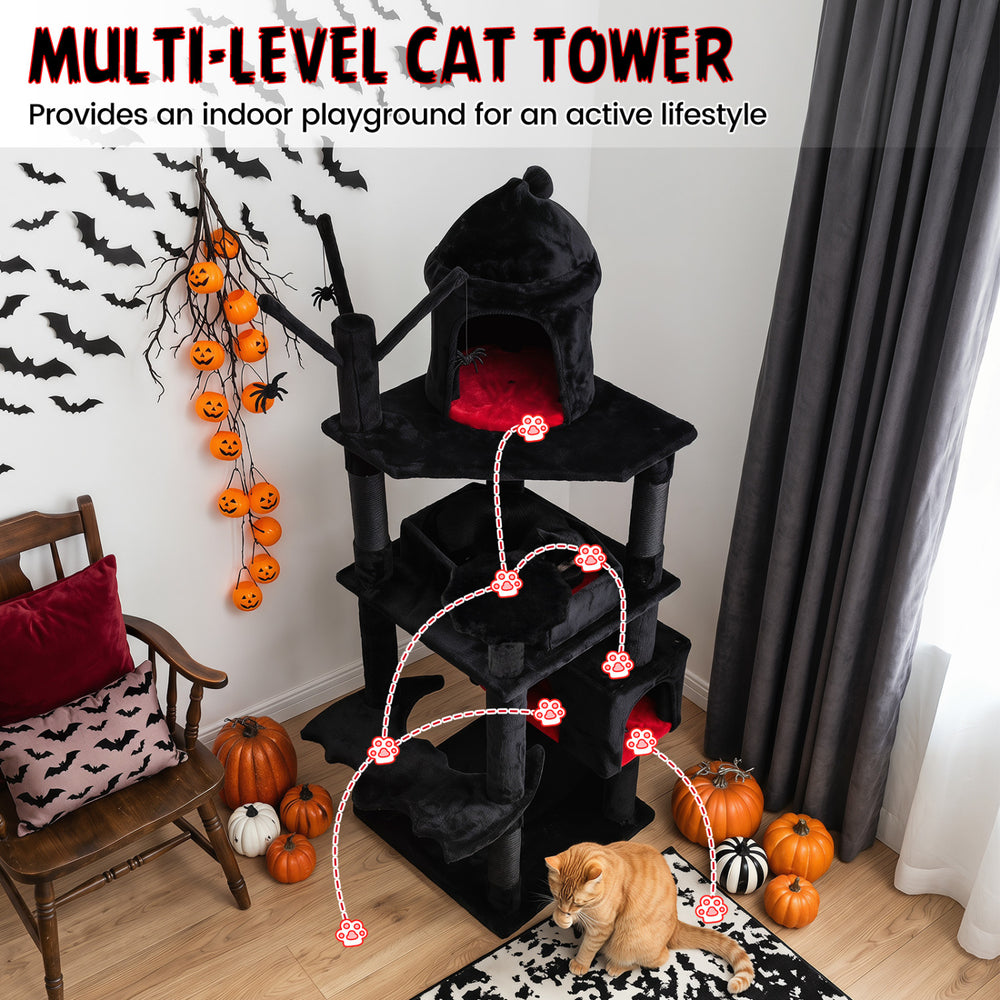 Multi-level 70-inch Gothic cat tree features a cozy coffin bed, large condo, and sisal scratching posts for active indoor play.