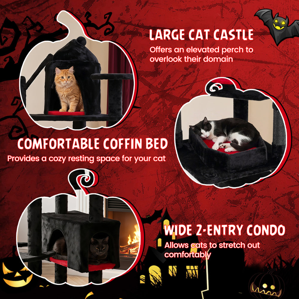 Gothic cat tree features a large castle, cozy coffin bed, and wide condo for indoor cats to play and relax comfortably.