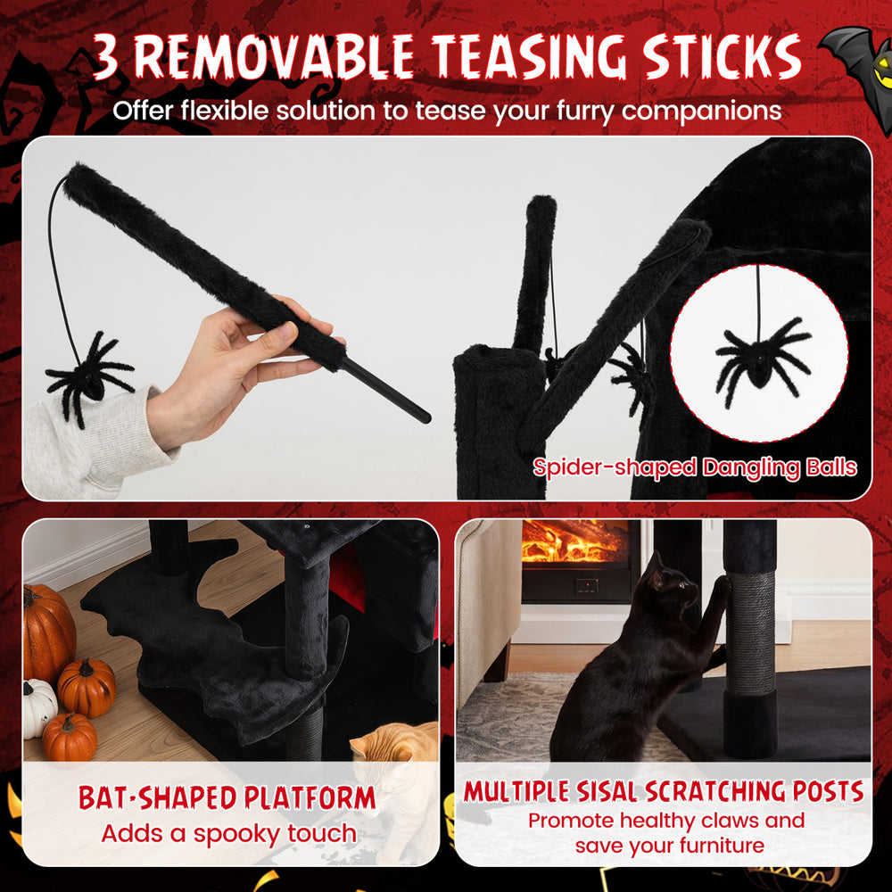 Multi-level 70-inch Gothic cat tree features a bat-shaped platform, sisal scratching posts, and removable teasing sticks.