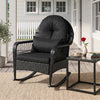 Black outdoor wicker rocking chair with thick cushions, ergonomic design, and anti-tip stoppers for porch relaxation.