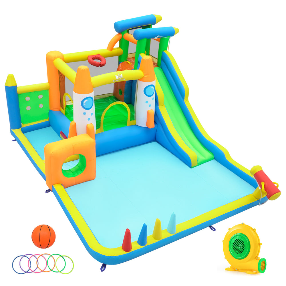 Colorful 10-in-1 inflatable bounce house with water slide, climbing wall, and splash pool for kids' outdoor fun.