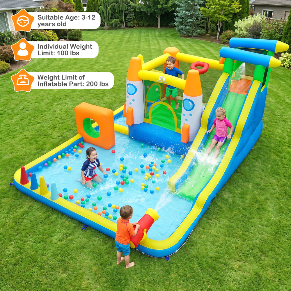 10-in-1 inflatable bounce house with water slide, climbing wall, and splash pool for kids' outdoor summer fun.