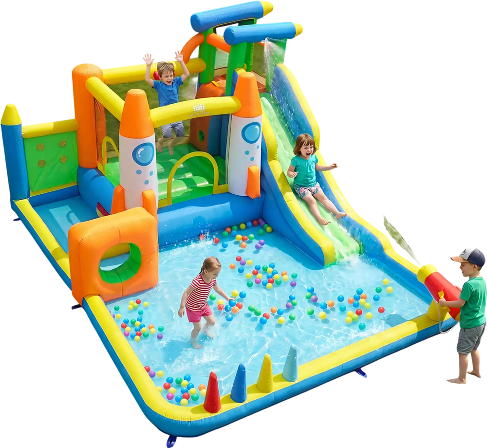 Inflatable 10-in-1 bounce house with water slide, climbing wall, and splash pool for kids' outdoor summer fun.