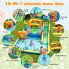 10-in-1 inflatable bounce house features a long slide, climbing wall, and splash pool for fun summer play.