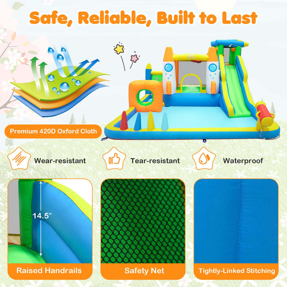 Detail of the inflatable bounce house's safety net and tightly-linked stitching for added durability and secure play.