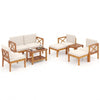 10-piece outdoor patio furniture set made of solid acacia wood with comfortable cushions, perfect for backyard gatherings.