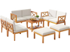 10-piece outdoor patio furniture set made of solid acacia wood with comfortable cushions, ideal for backyard gatherings.