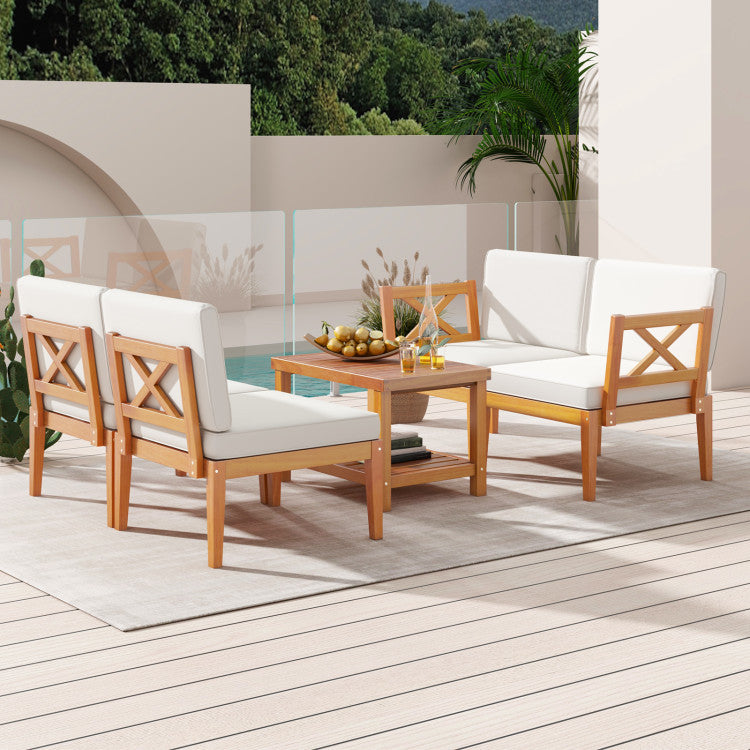 Acacia wood outdoor patio furniture set with comfortable cushions, perfect for backyard and poolside gatherings.