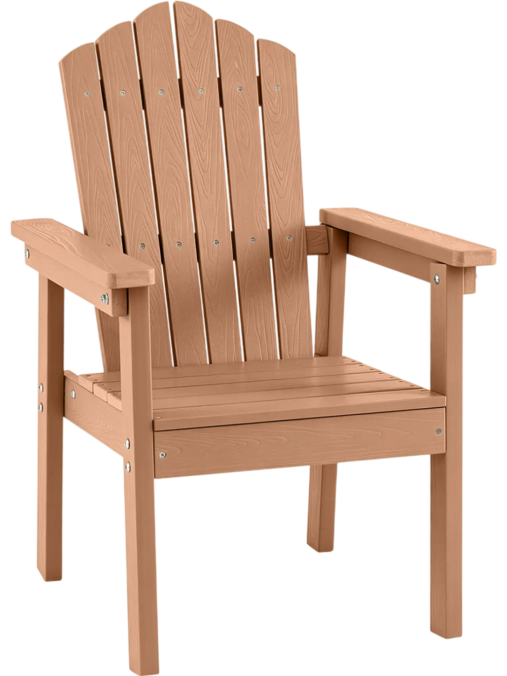 Outdoor Adirondack chair in brown with high backrest and wide armrests, perfect for poolside relaxation and durability.