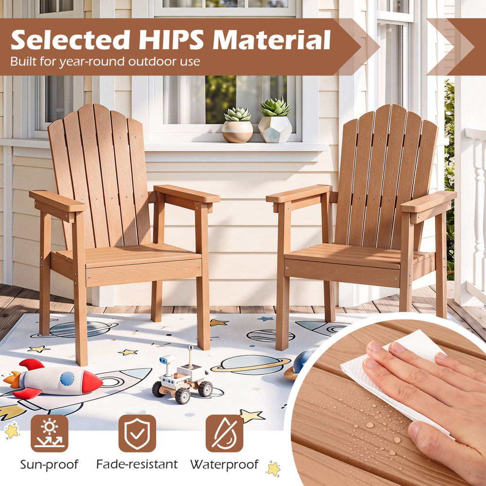 Outdoor Adirondack chair in brown with high backrest and wide armrests, made from durable HIPS material for patio use.