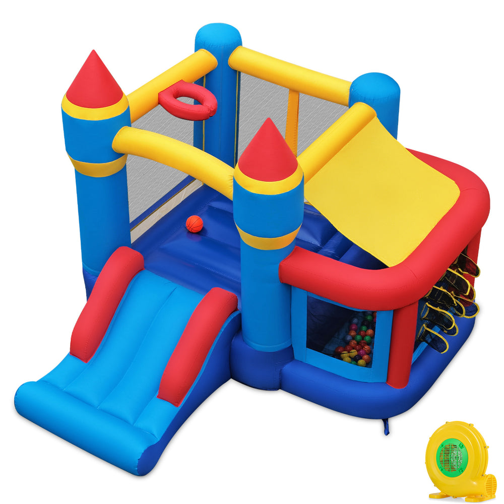 Inflatable bounce house for kids featuring a slide, ball pit with 50 ocean balls, and basketball rim for active play.