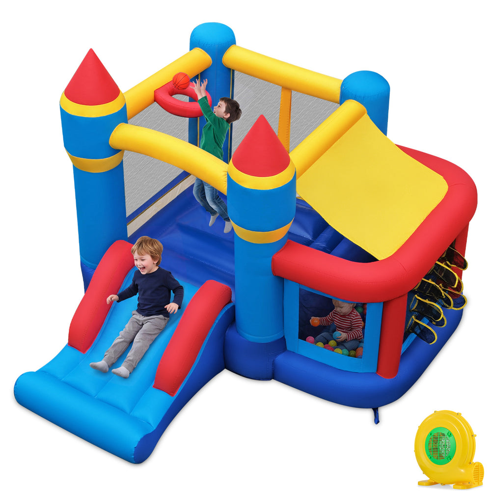 Colorful inflatable bounce house with slide, ball pit, and basketball rim for kids' outdoor fun and birthday parties.