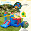 Inflatable bounce house with slide, ball pit, and pitching game, made of durable oxford cloth for outdoor fun.