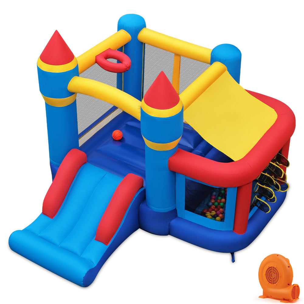 Inflatable bounce house with slide, ball pit, and games for kids, featuring durable materials and a 550W blower for easy setup.