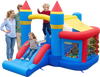 Colorful inflatable bounce house with slide, ball pit, and games for kids' parties, includes a 550W blower for easy setup.