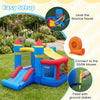Inflatable bounce house with slide, ball pit, and 550W blower, perfect for kids' parties and outdoor fun.