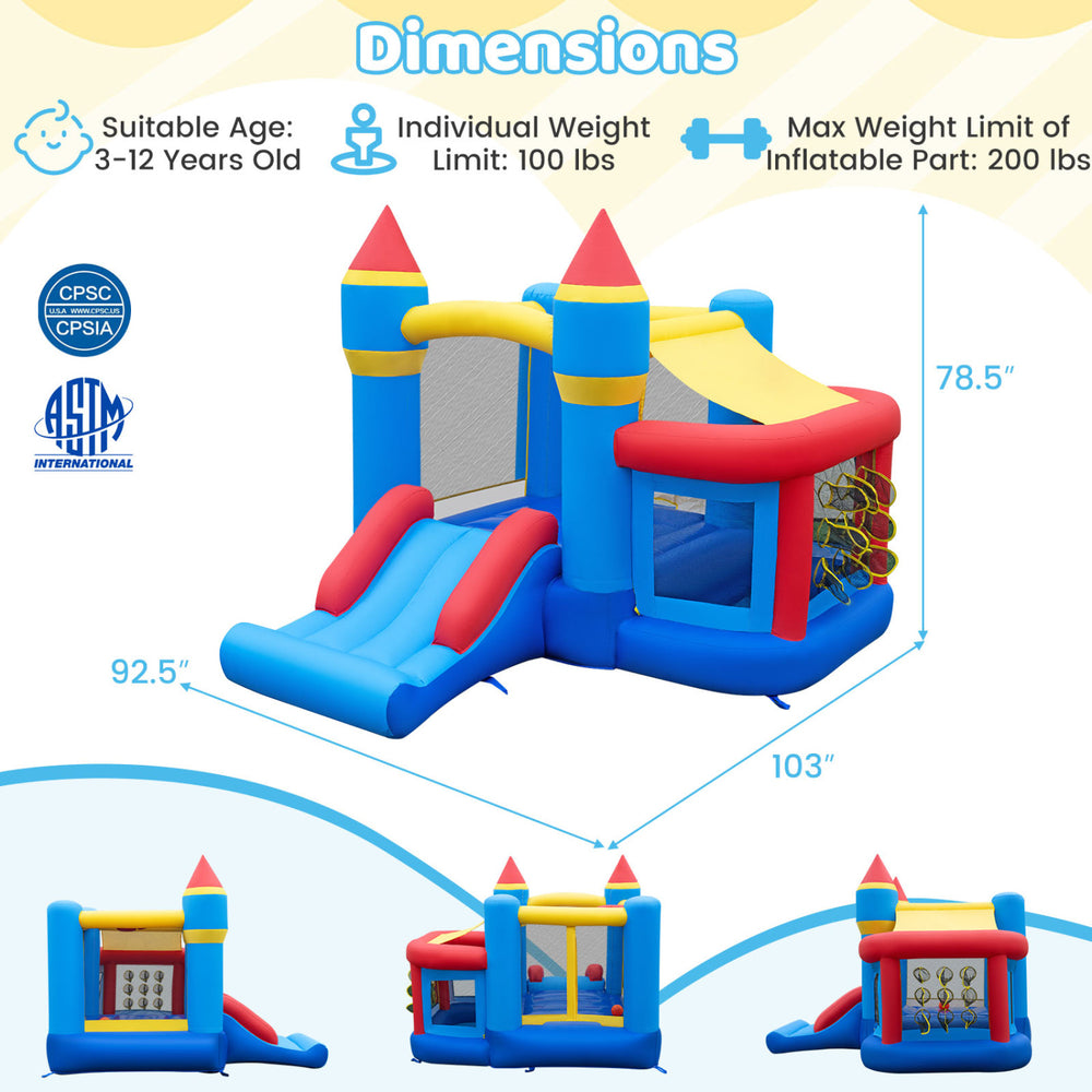 Bright inflatable bounce house with slide, ball pit, and games for kids aged 3-12, perfect for indoor and outdoor fun.