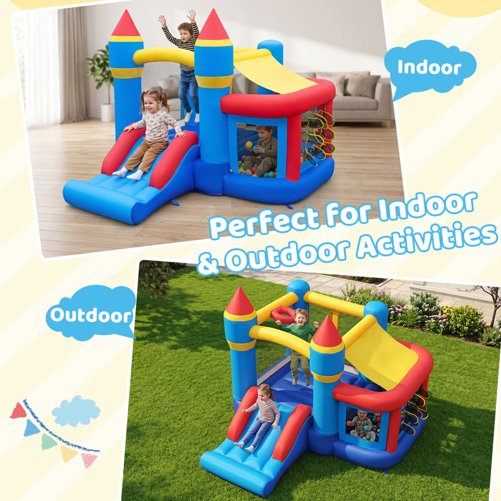 Inflatable bounce house with slide, ball pit, and games for kids, perfect for indoor and outdoor activities.