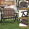 2-person log wood patio bench with slatted backrest, built-in armrests, and curved seat for comfortable outdoor seating.