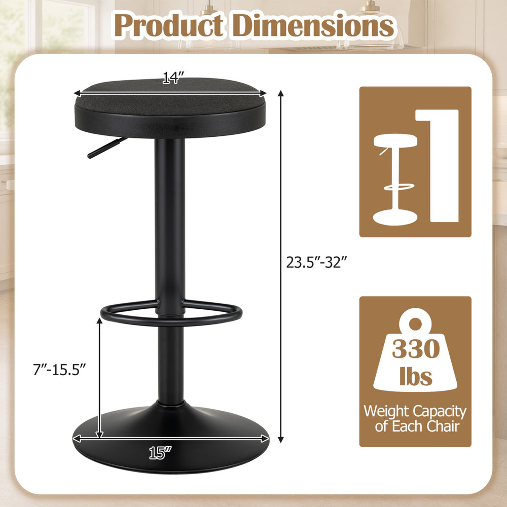 Height-adjustable black kitchen bar stools with padded seat and D-shaped footrest, perfect for dining or bar use.