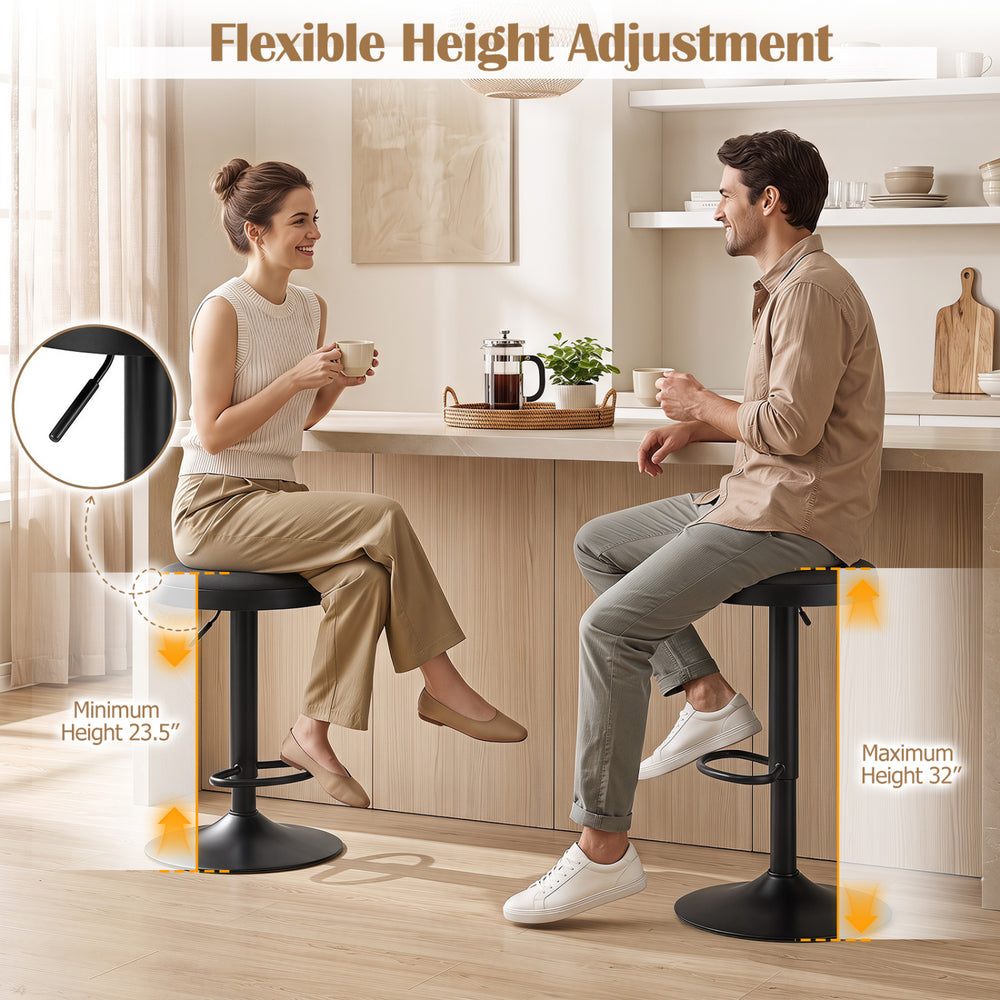 Set of 2 black kitchen bar stools with height adjustment, padded seat, and D-shaped footrest for versatile use.