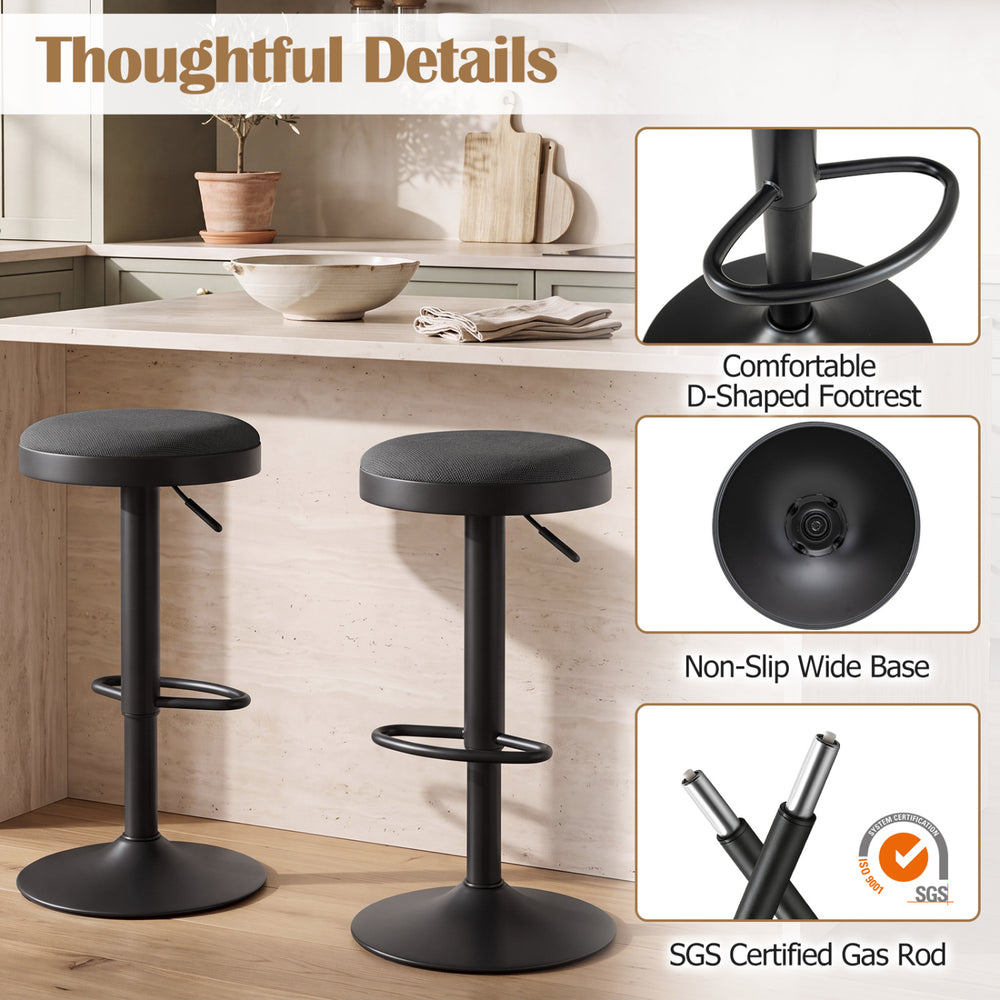 Set of 2 black kitchen bar stools with height adjustment, padded seat, and D-shaped footrest for versatile comfort.