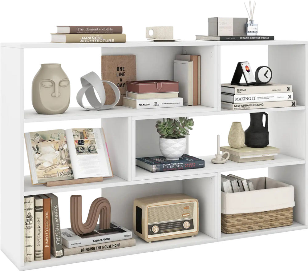 Concave and convex white bookshelf with three open shelves, featuring a geometric design for versatile home decoration.
