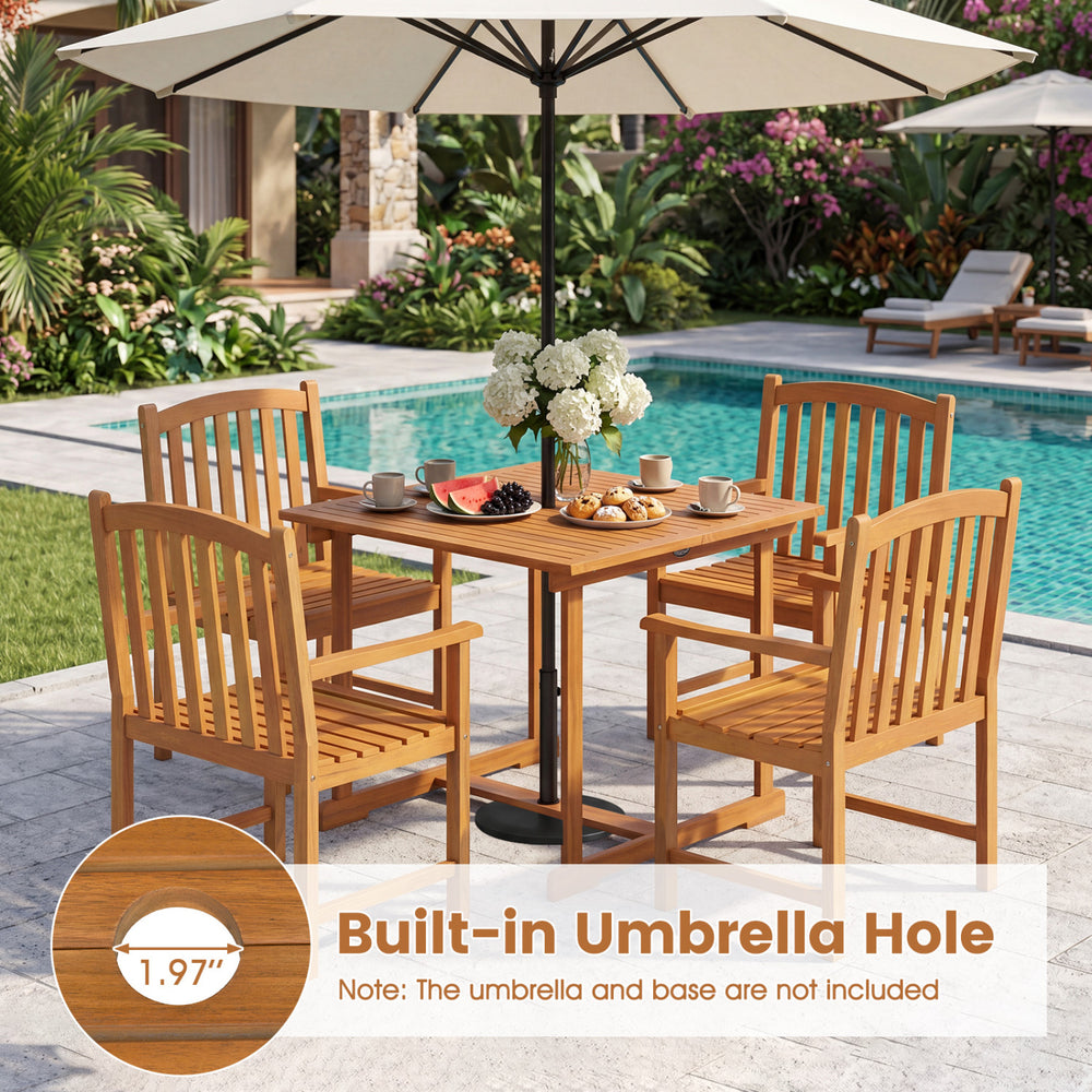 5-piece outdoor square patio dining set with acacia wood table and armchairs, featuring a built-in 1.97” umbrella hole.