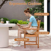 Ergonomic armchair with inclined backrest and curved armrests, made of durable acacia wood, ideal for outdoor dining.