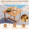 Square acacia wood dining table with slatted design, ideal for outdoor meals in backyards or poolside areas.