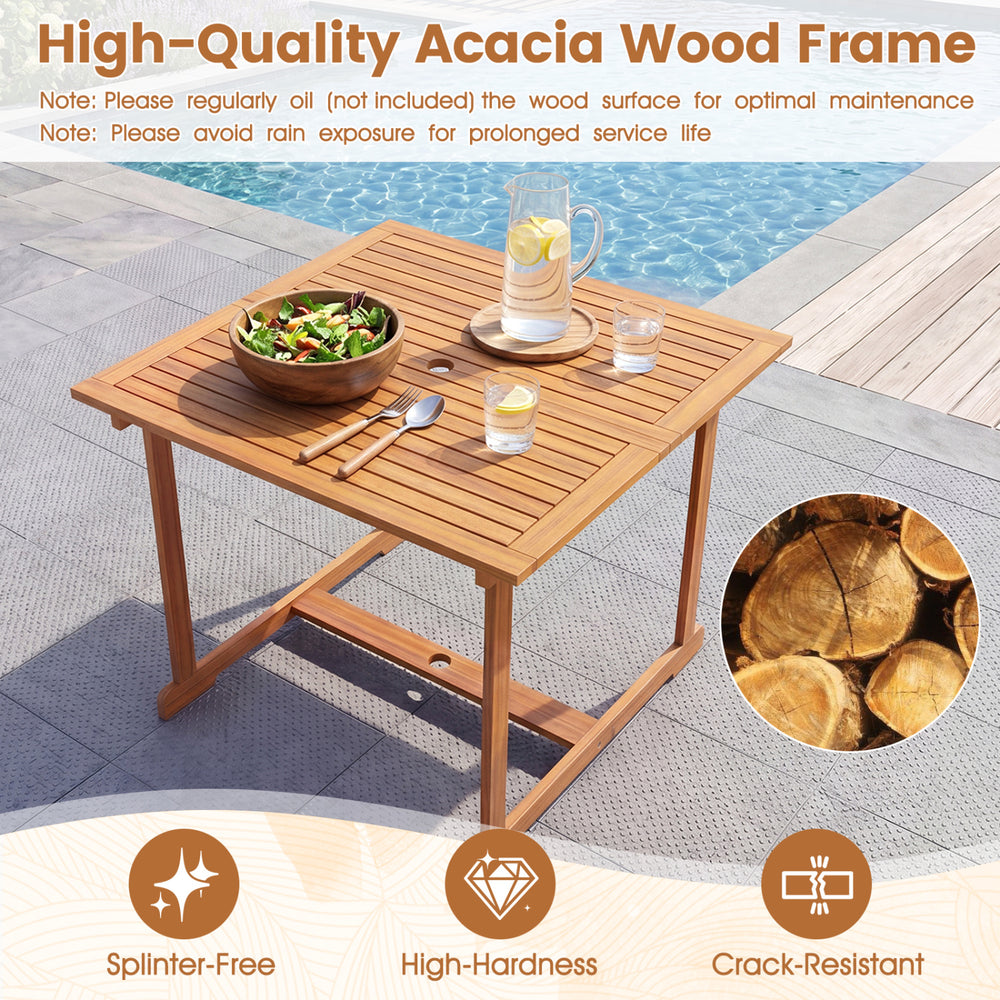 Square acacia wood dining table with slatted design, ideal for outdoor meals in backyards or poolside areas.