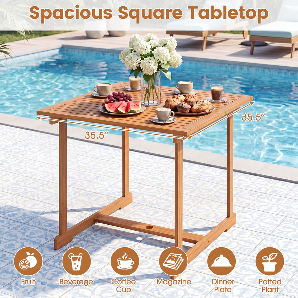 Square acacia wood tabletop dining set for four, featuring a 35.5” surface, ideal for outdoor meals and gatherings.