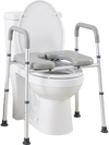 Heavy-duty raised toilet seat with non-slip handles features a wide 19" x 17" padded seat for enhanced comfort and support.