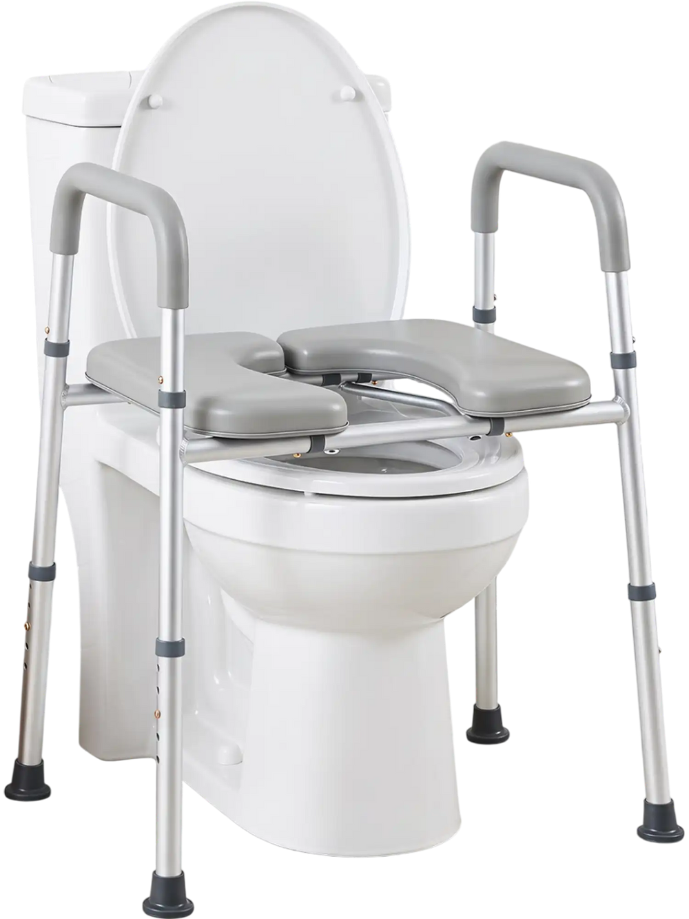 Heavy-duty raised toilet seat with non-slip handles features a wide 19" x 17" padded seat for enhanced comfort and support.